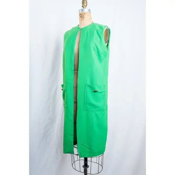 Vintage 60s Kelly Green Linen Blend Vest Duster w/ Pockets Mod Retro Bright, Med - Picture 6 of 10